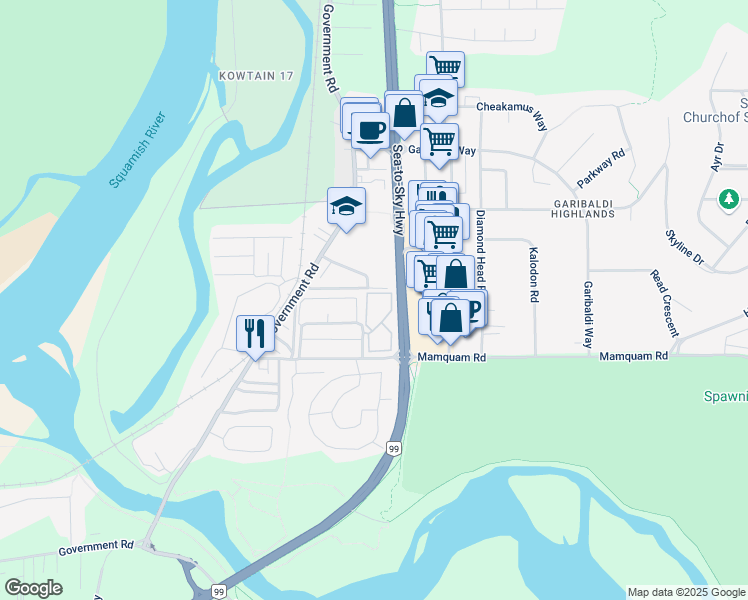 map of restaurants, bars, coffee shops, grocery stores, and more near 40160 Willow Crescent in Squamish