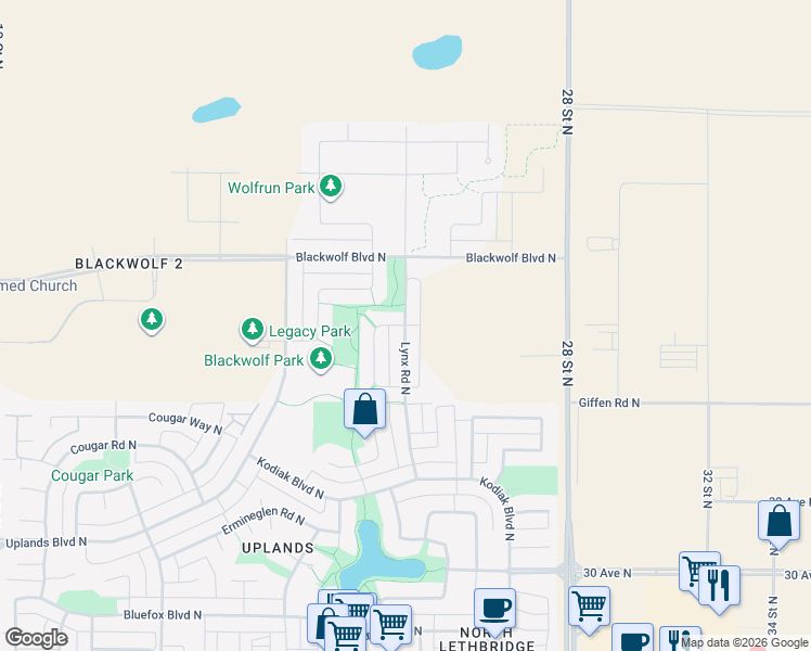 map of restaurants, bars, coffee shops, grocery stores, and more near 183 Lynx Road North in Lethbridge