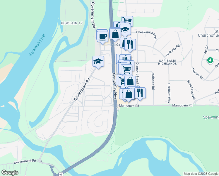 map of restaurants, bars, coffee shops, grocery stores, and more near 40180 Willow Crescent in Squamish
