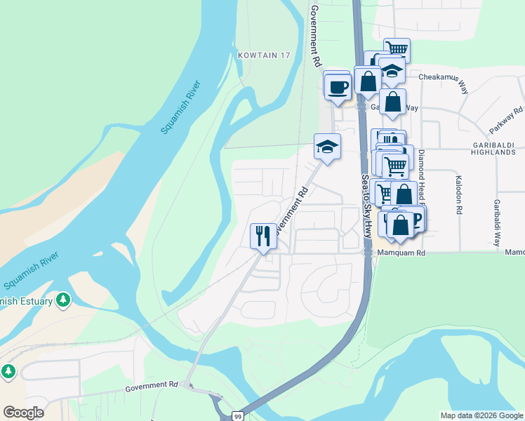 map of restaurants, bars, coffee shops, grocery stores, and more near 40137 Government Road in Squamish