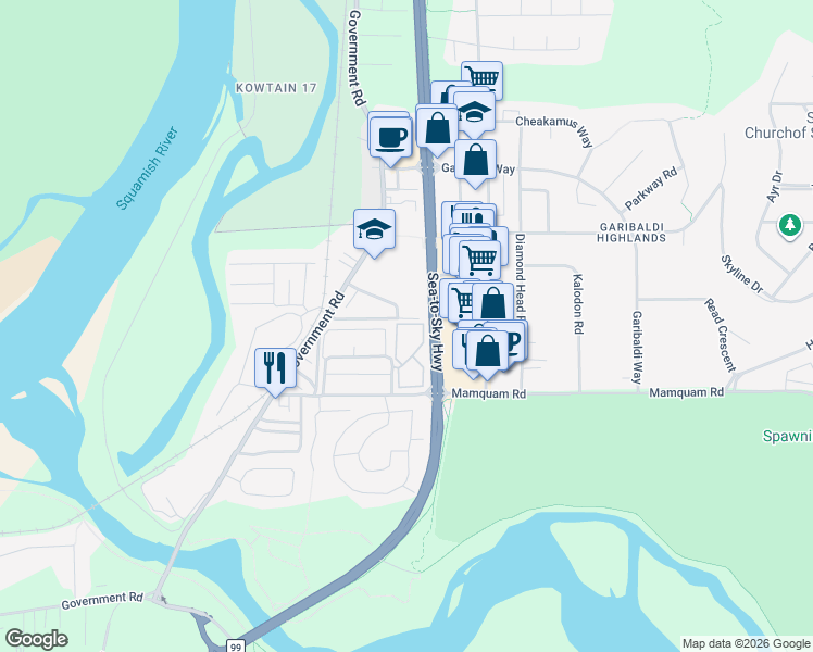 map of restaurants, bars, coffee shops, grocery stores, and more near 40160 Willow Crescent in Squamish