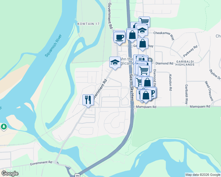 map of restaurants, bars, coffee shops, grocery stores, and more near 67 Willow Crescent in Squamish
