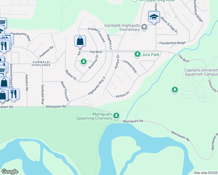 map of restaurants, bars, coffee shops, grocery stores, and more near 40235 Kintyre Drive in Squamish