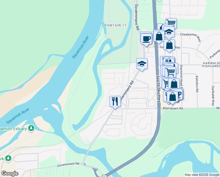 map of restaurants, bars, coffee shops, grocery stores, and more near 40147 Government Road in Squamish