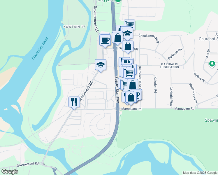 map of restaurants, bars, coffee shops, grocery stores, and more near 40200 Government Road in Squamish