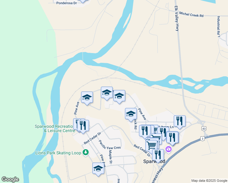 map of restaurants, bars, coffee shops, grocery stores, and more near 201 Pine Avenue in Sparwood