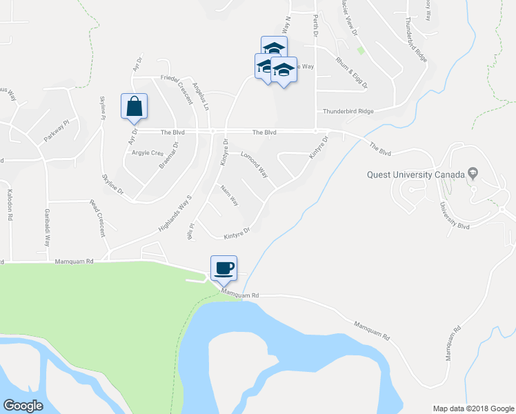 map of restaurants, bars, coffee shops, grocery stores, and more near 40195 Kintyre Drive in Squamish