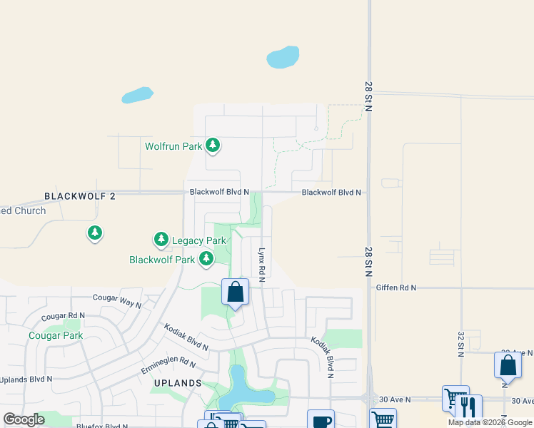 map of restaurants, bars, coffee shops, grocery stores, and more near 183 Lynx Road North in Lethbridge