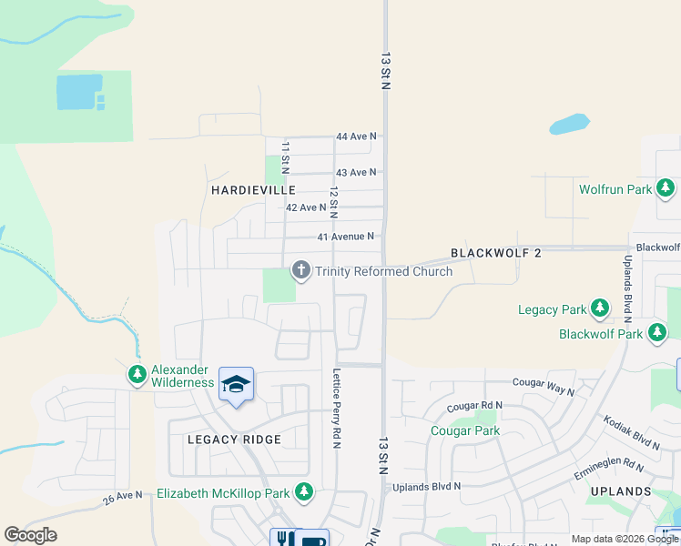 map of restaurants, bars, coffee shops, grocery stores, and more near 123 Dorothy Gentleman Crescent North in Lethbridge