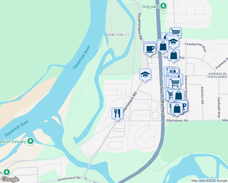map of restaurants, bars, coffee shops, grocery stores, and more near 40157 Government Road in Squamish