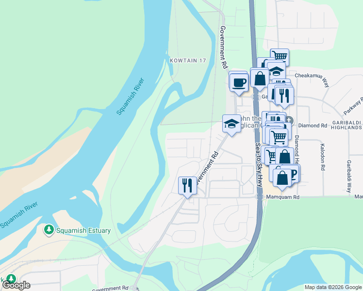 map of restaurants, bars, coffee shops, grocery stores, and more near 40137 Government Rd in Squamish-Lillooet Regional District