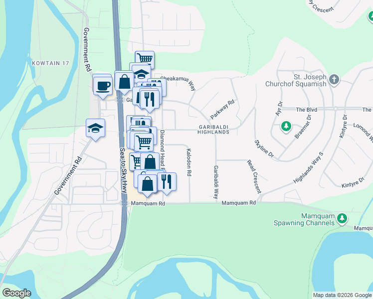 map of restaurants, bars, coffee shops, grocery stores, and more near 40251 Kalodon Road in Squamish
