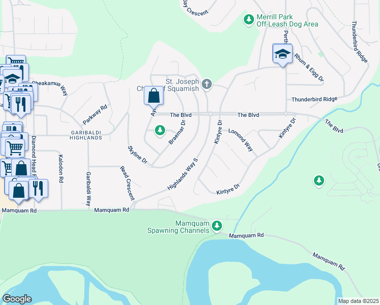 map of restaurants, bars, coffee shops, grocery stores, and more near 40372 Skyline Drive in Squamish