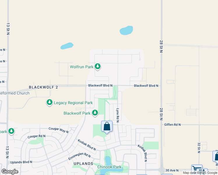 map of restaurants, bars, coffee shops, grocery stores, and more near 551 Blackwolf Way North in Lethbridge