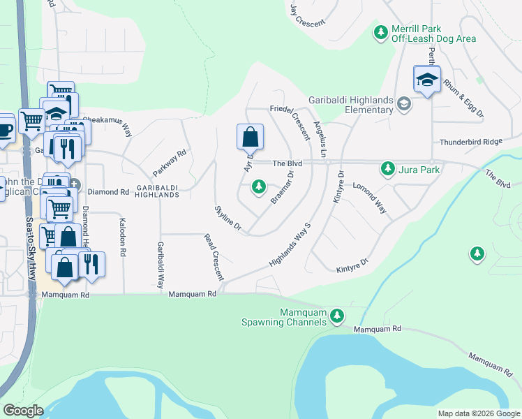 map of restaurants, bars, coffee shops, grocery stores, and more near 40278 Ayr Drive in Squamish