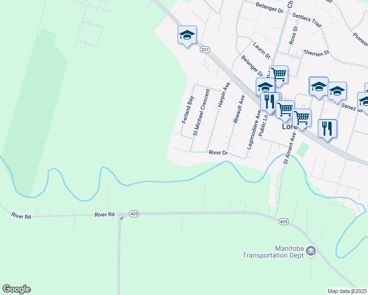 map of restaurants, bars, coffee shops, grocery stores, and more near 657 River Drive in Lorette
