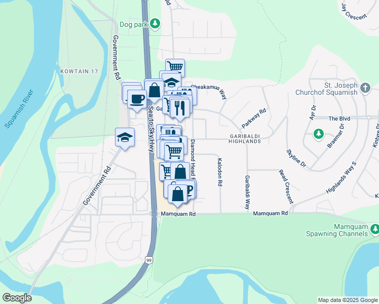 map of restaurants, bars, coffee shops, grocery stores, and more near 40271 Diamond Head Road in Squamish
