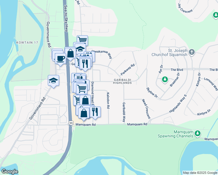 map of restaurants, bars, coffee shops, grocery stores, and more near 40258 Kalodon Road in Squamish