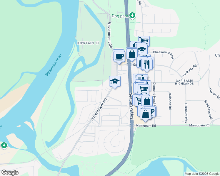 map of restaurants, bars, coffee shops, grocery stores, and more near 40267 Government Road in Squamish