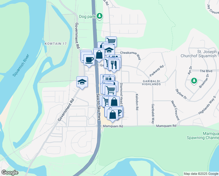 map of restaurants, bars, coffee shops, grocery stores, and more near 40282 Glenalder Place in Squamish