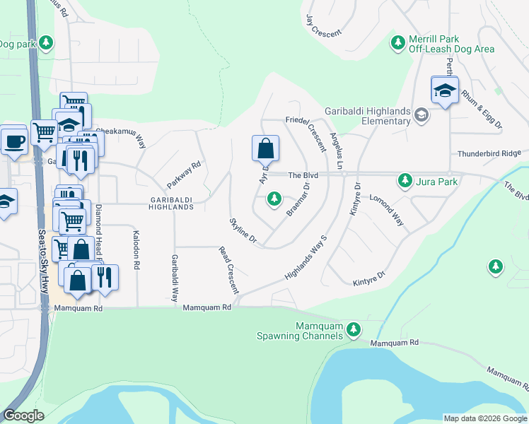 map of restaurants, bars, coffee shops, grocery stores, and more near 40298 Ayr Drive in Squamish