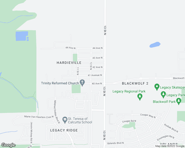 map of restaurants, bars, coffee shops, grocery stores, and more near 1203 41 Avenue North in Lethbridge