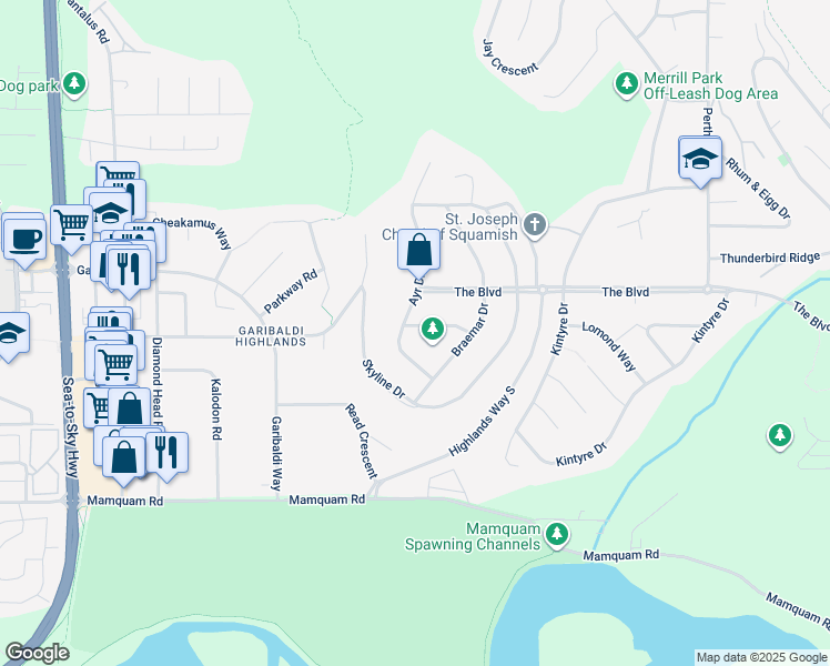 map of restaurants, bars, coffee shops, grocery stores, and more near 2332 Argyle Crescent in Squamish