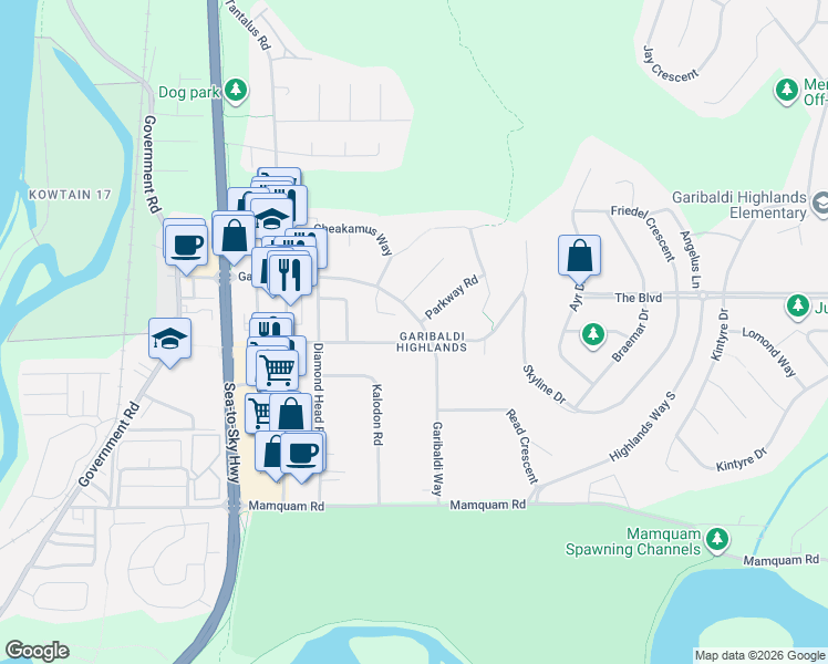 map of restaurants, bars, coffee shops, grocery stores, and more near 2101 Diamond Road in Squamish