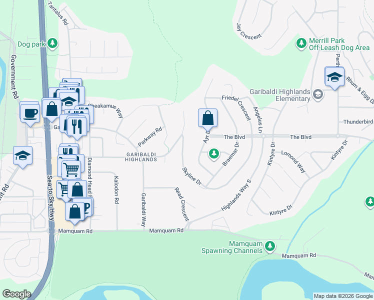 map of restaurants, bars, coffee shops, grocery stores, and more near 40181 Skyline Drive in Squamish