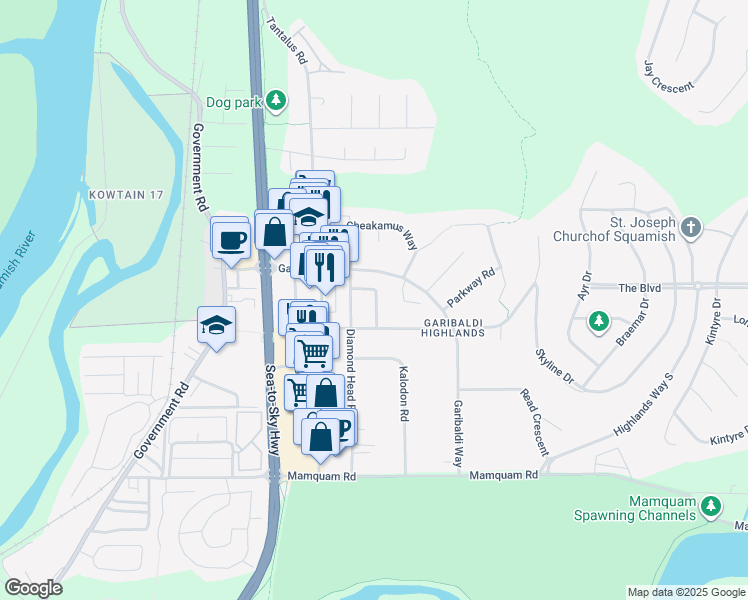 map of restaurants, bars, coffee shops, grocery stores, and more near 40345 Hood Road in Squamish