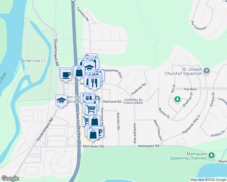map of restaurants, bars, coffee shops, grocery stores, and more near 40356 Hood Road in Squamish
