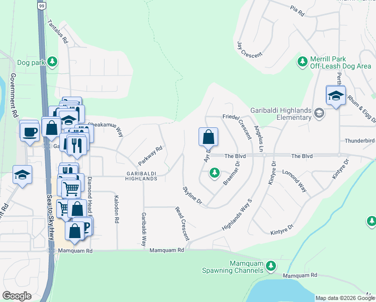 map of restaurants, bars, coffee shops, grocery stores, and more near 40151 Skyline Place in Squamish