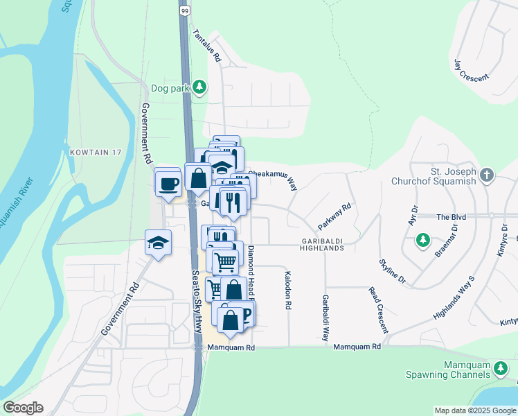 map of restaurants, bars, coffee shops, grocery stores, and more near 1980 Garibaldi Way in Whistler