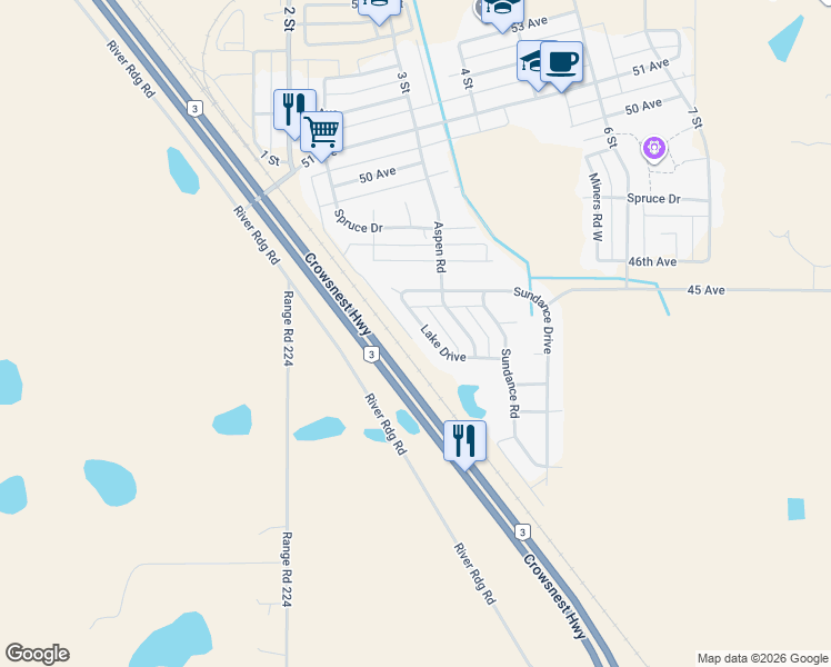map of restaurants, bars, coffee shops, grocery stores, and more near 4406 Lake Drive in Coalhurst