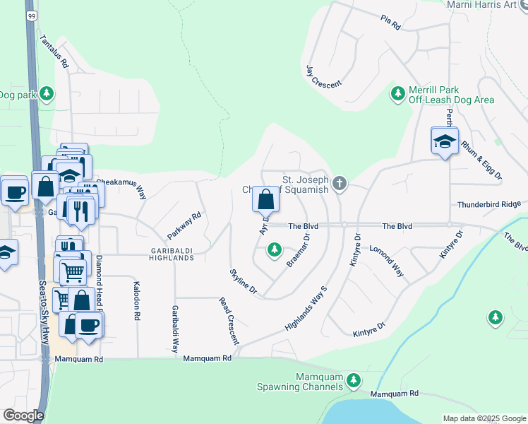 map of restaurants, bars, coffee shops, grocery stores, and more near 40413 Ayr Drive in Squamish