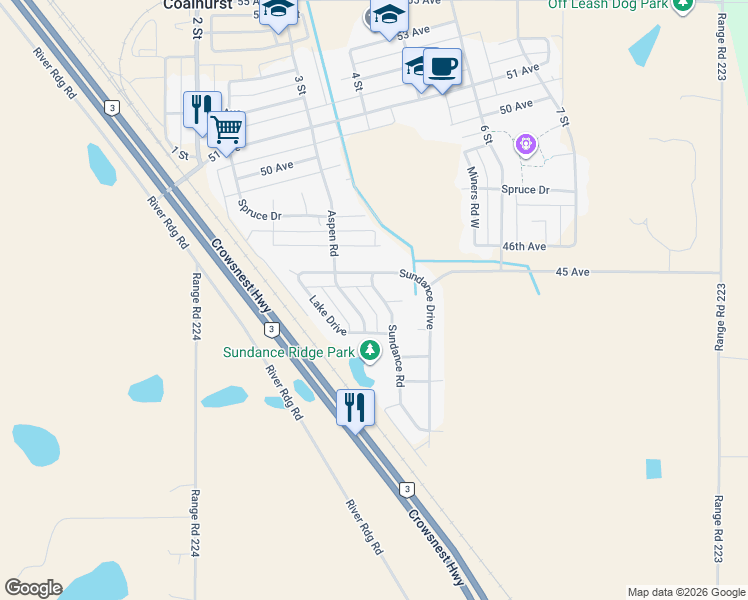 map of restaurants, bars, coffee shops, grocery stores, and more near 402 Sundance Drive in Coalhurst
