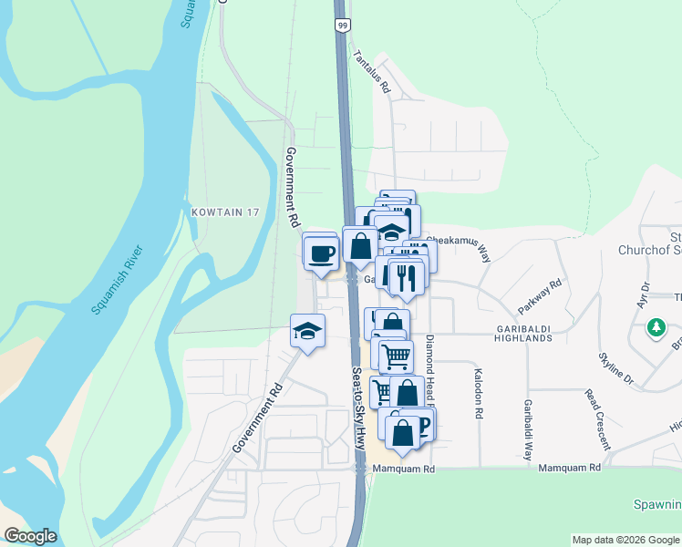 map of restaurants, bars, coffee shops, grocery stores, and more near 1813 Garibaldi Way in Squamish