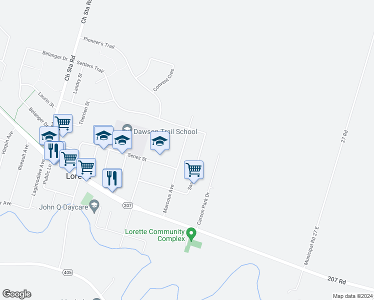 map of restaurants, bars, coffee shops, grocery stores, and more near 252 Marcoux Avenue in Lorette
