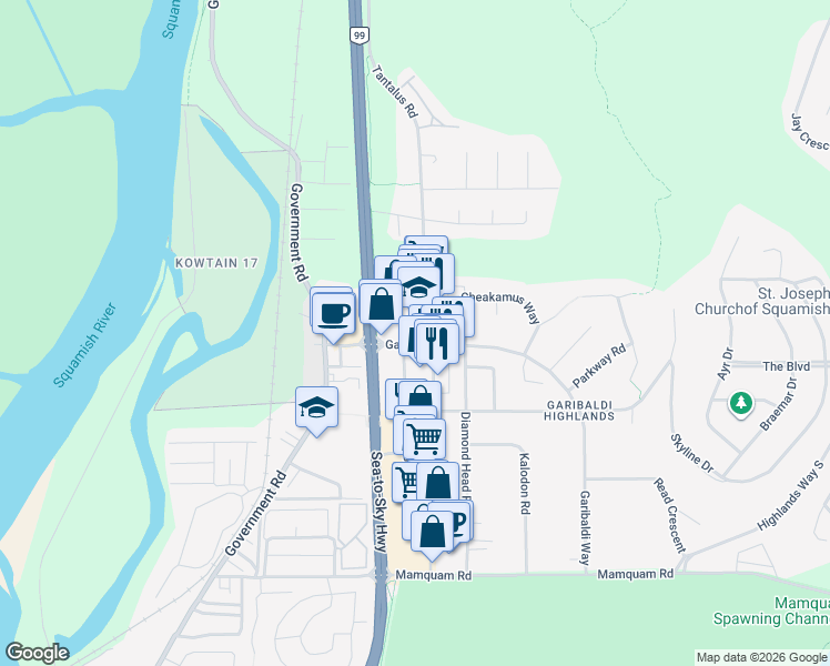 map of restaurants, bars, coffee shops, grocery stores, and more near 40437 Tantalus Road in Squamish