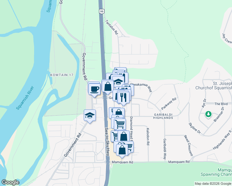 map of restaurants, bars, coffee shops, grocery stores, and more near 40437 Tantalus Road in Squamish