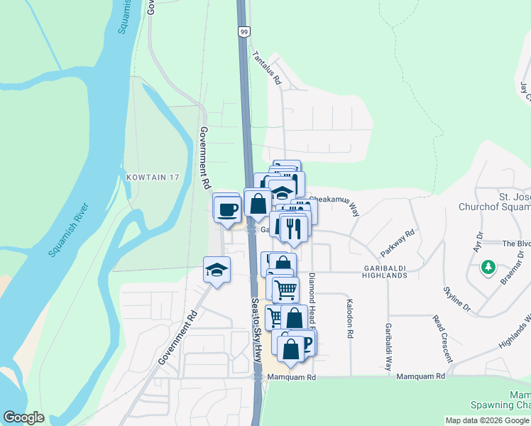 map of restaurants, bars, coffee shops, grocery stores, and more near 1813 Garibaldi Way in Squamish