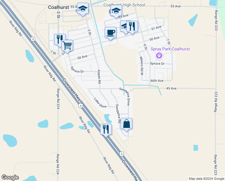 map of restaurants, bars, coffee shops, grocery stores, and more near 402 Sundance Drive in Coalhurst