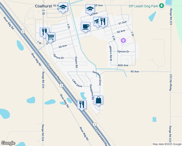 map of restaurants, bars, coffee shops, grocery stores, and more near 418 Sundance Drive in Coalhurst