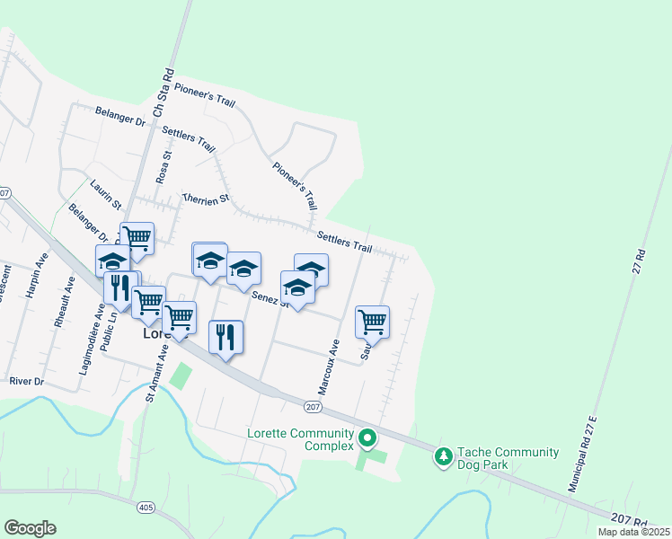 map of restaurants, bars, coffee shops, grocery stores, and more near 252 Marcoux Avenue in Lorette