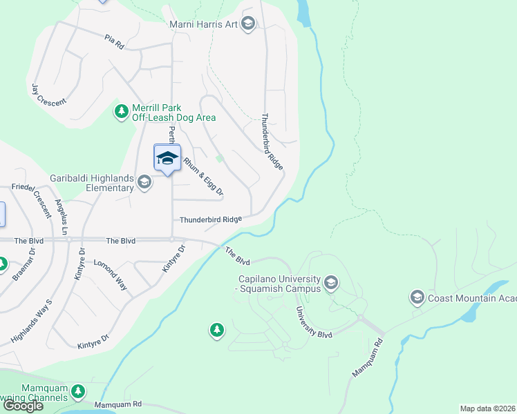 map of restaurants, bars, coffee shops, grocery stores, and more near 40453 Thunderbird Ridge in Squamish