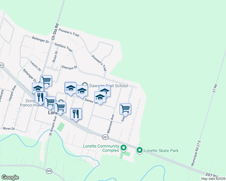 map of restaurants, bars, coffee shops, grocery stores, and more near 265 Marcoux Avenue in Lorette