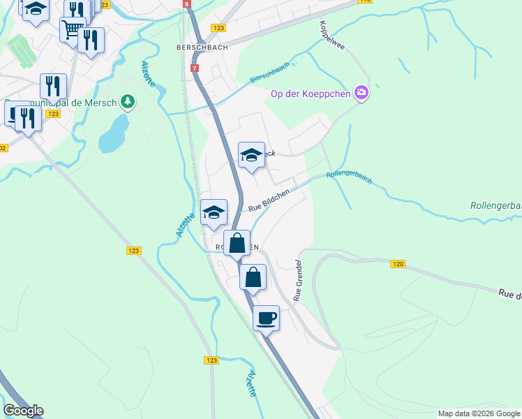 map of restaurants, bars, coffee shops, grocery stores, and more near in Mersch