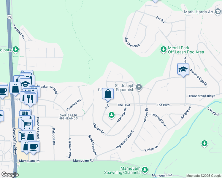 map of restaurants, bars, coffee shops, grocery stores, and more near 40448 Ayr Drive in Squamish