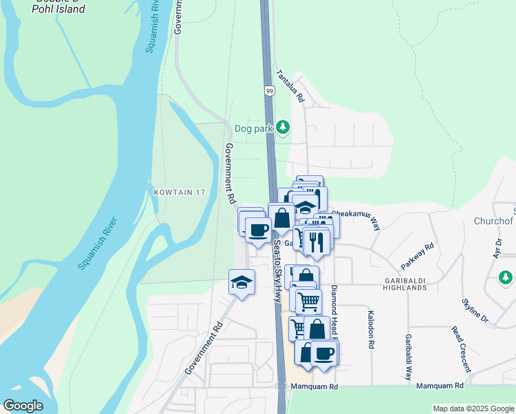 map of restaurants, bars, coffee shops, grocery stores, and more near 40504 Government Road in Squamish