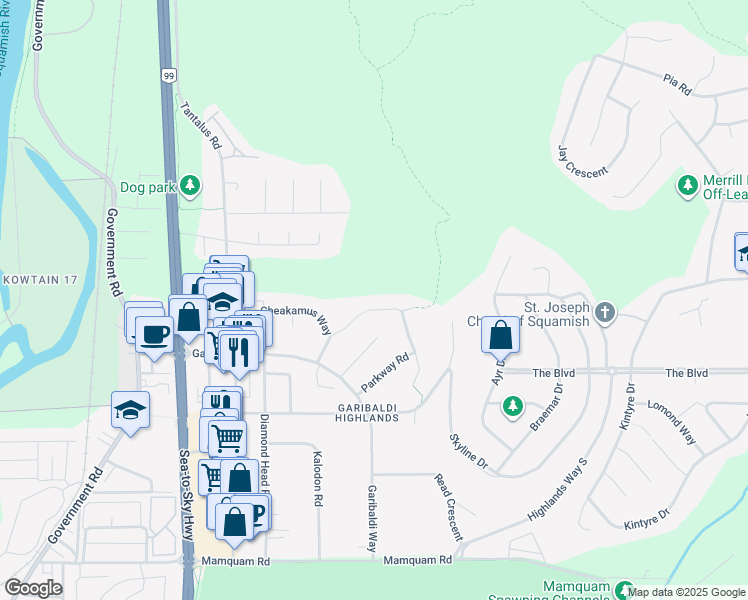 map of restaurants, bars, coffee shops, grocery stores, and more near 40515 Park Crescent in Squamish